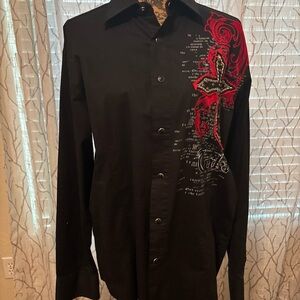 TOKU Embellished Men's Black Shirt with Red Cross Design XL